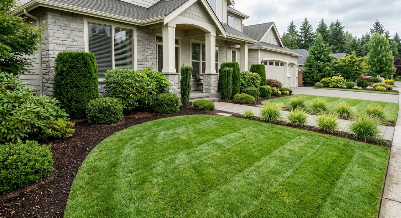 Tidy commercial landscaping along a building walkway