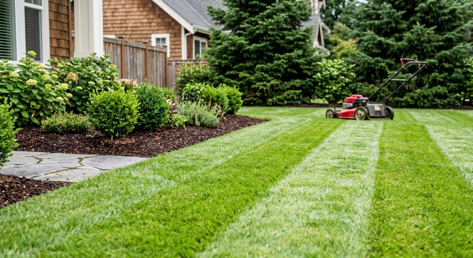 Featured backyard transformation with stone patio and striped lawn