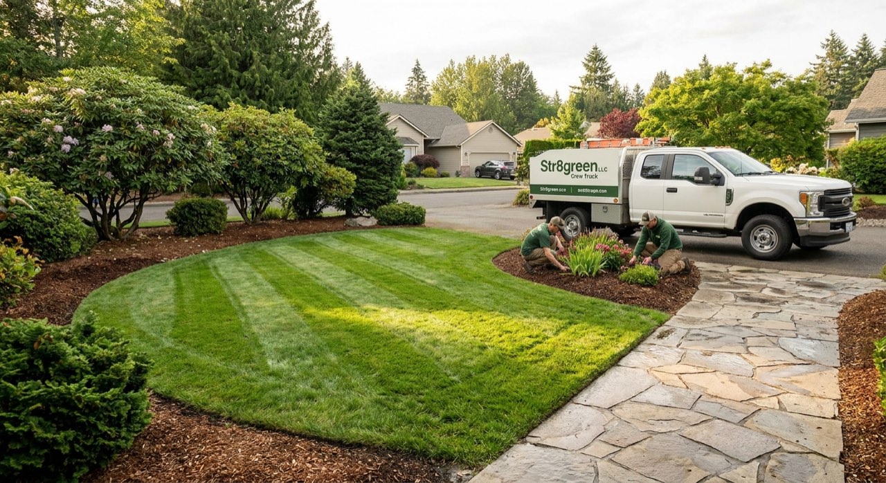 Pristine backyard lawn with diagonal mower stripes