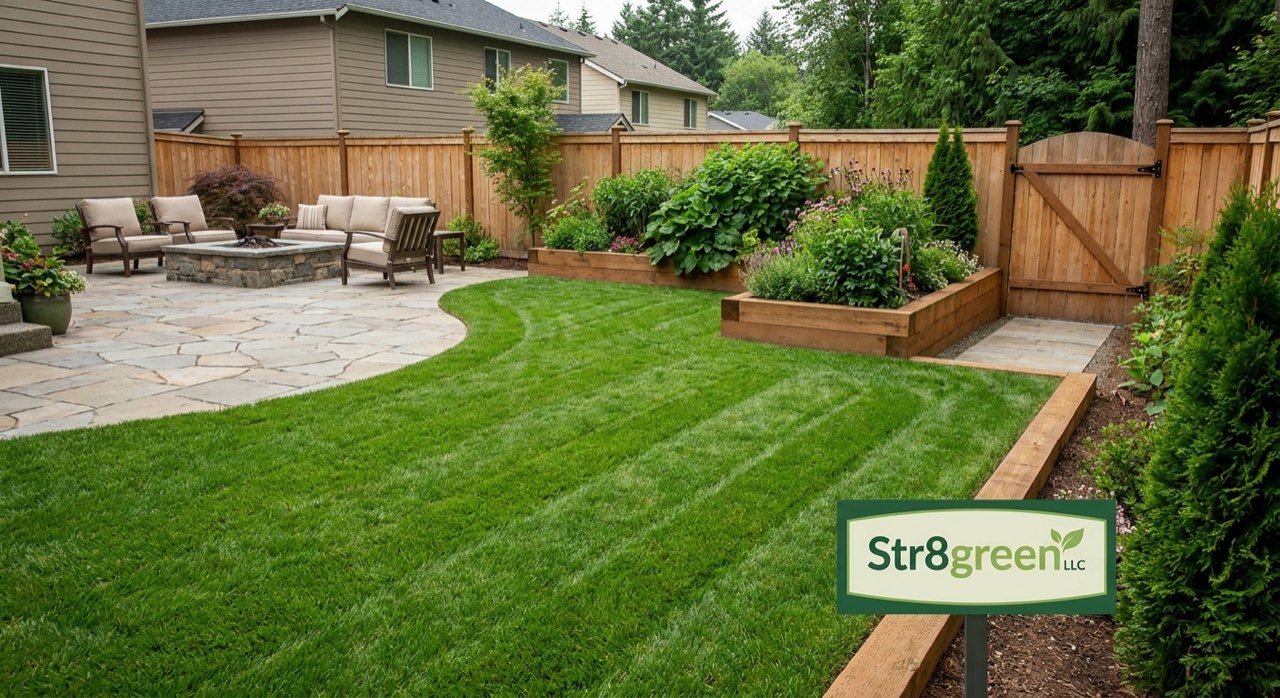 Freshly mowed striped lawn and tidy garden beds at a Southwest Washington home