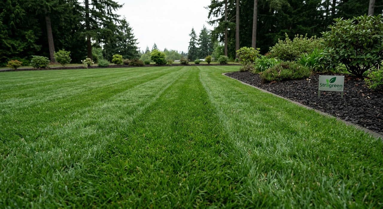 Manicured commercial property grounds with clean lawns and shrub rows