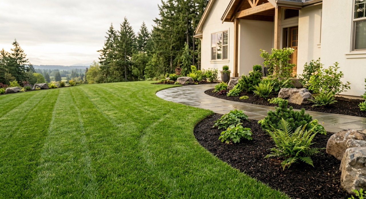 Newly built paver patio with low retaining wall and fresh plantings