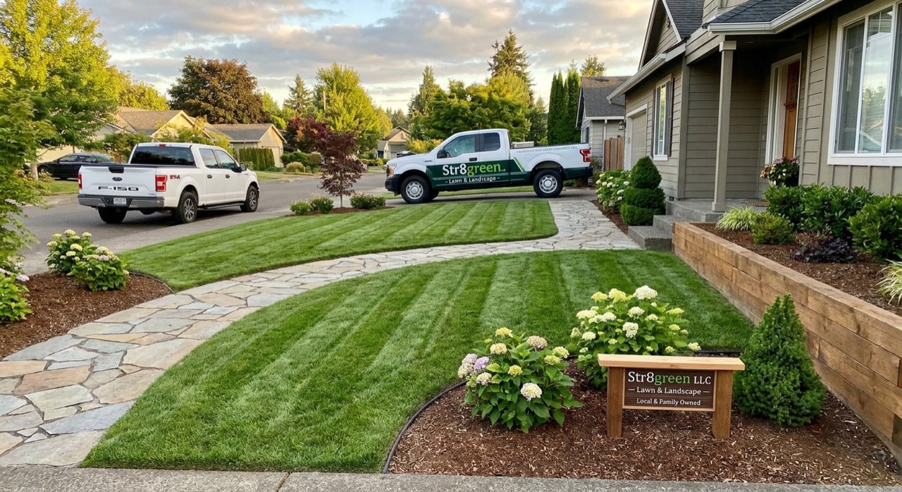 Custom landscape design with stone pathway and layered planting beds