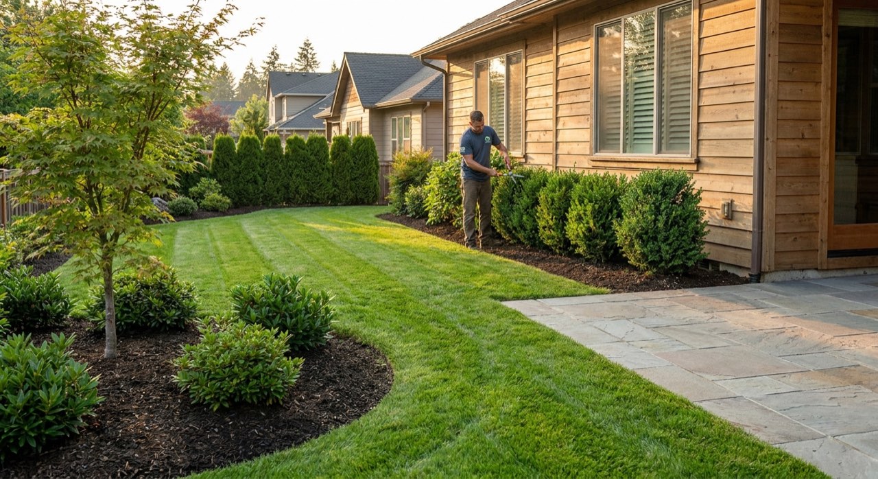 Commercial mower cutting crisp stripes into a healthy green lawn