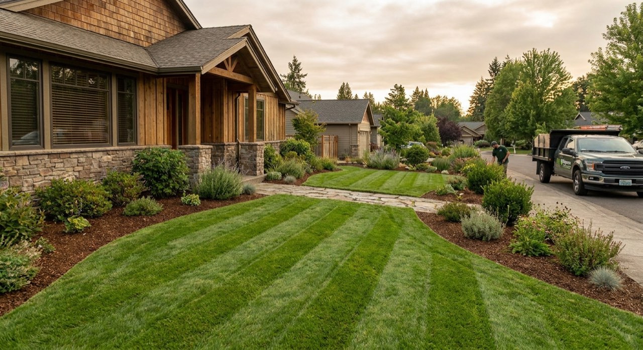 Landscaping crew working on a lush green property with pro equipment